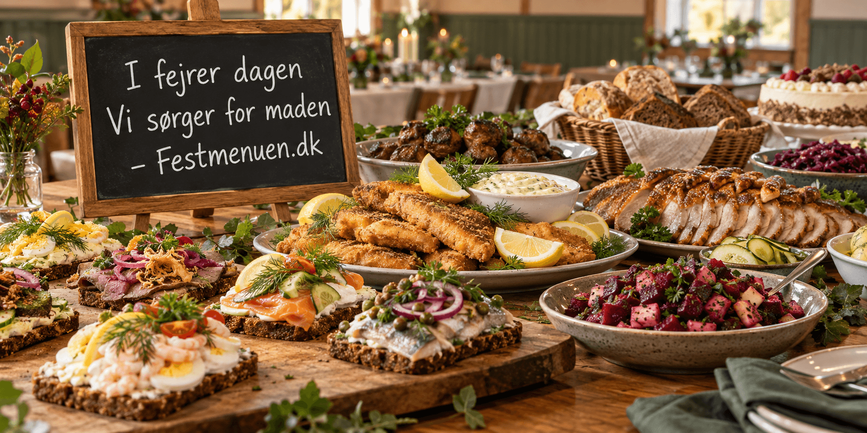 Buffet til generalforsamling med højtbelagt smørrebrød, stjerneskud, rejer, fiskefilet og roastbeef
