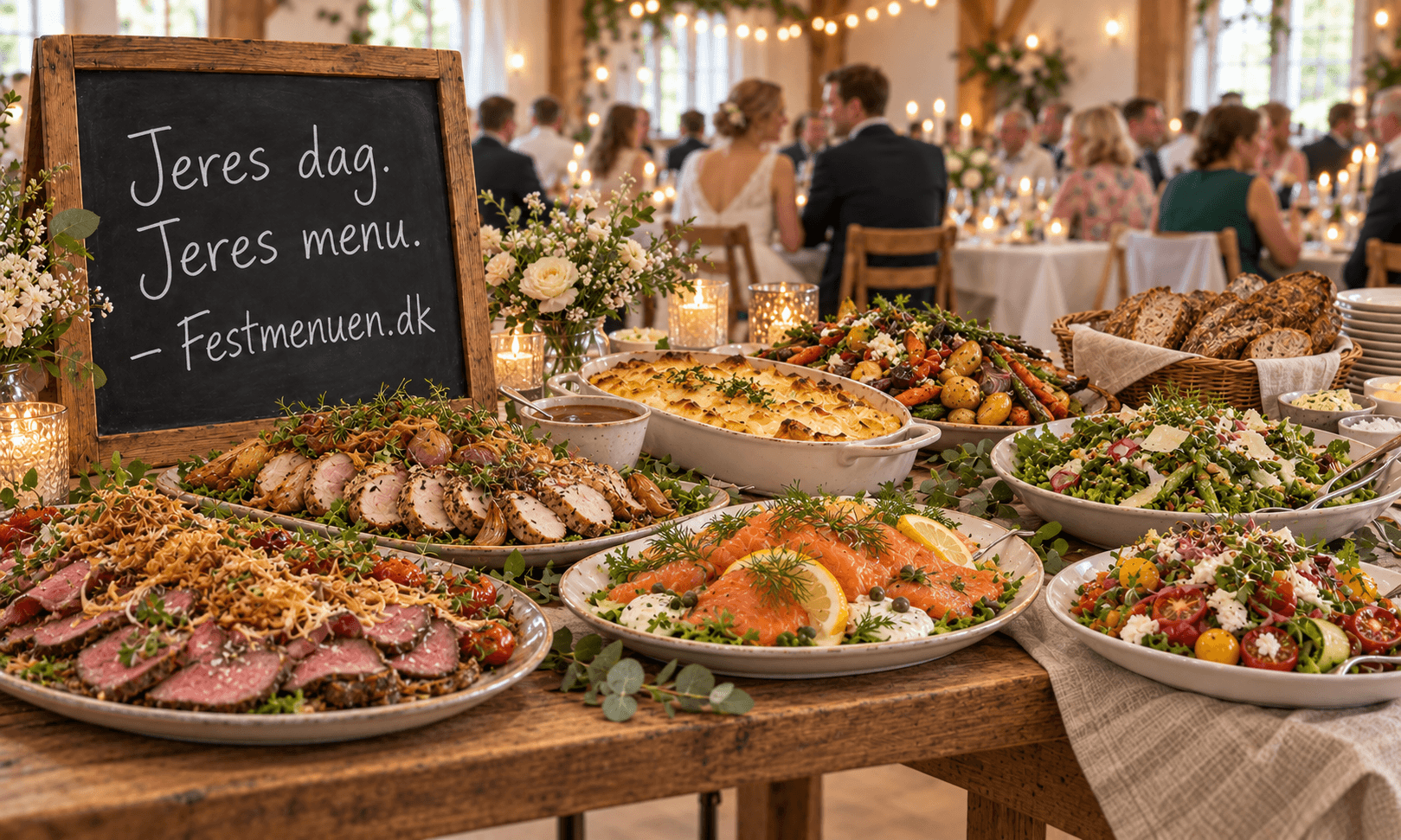 Dansk bryllupsbuffet med laks, udskåret kød, flødekartofler, grøntsager, salater og brød
