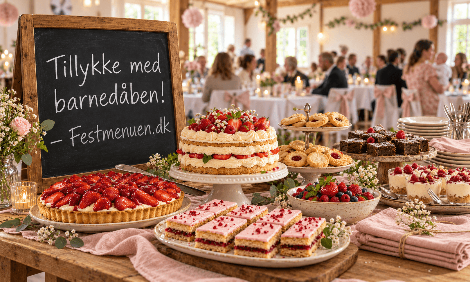 Lyserødt dessertbord til barnedåb med lagkage, jordbærtærte, hindbærsnitter, småkager og portionsdesserter