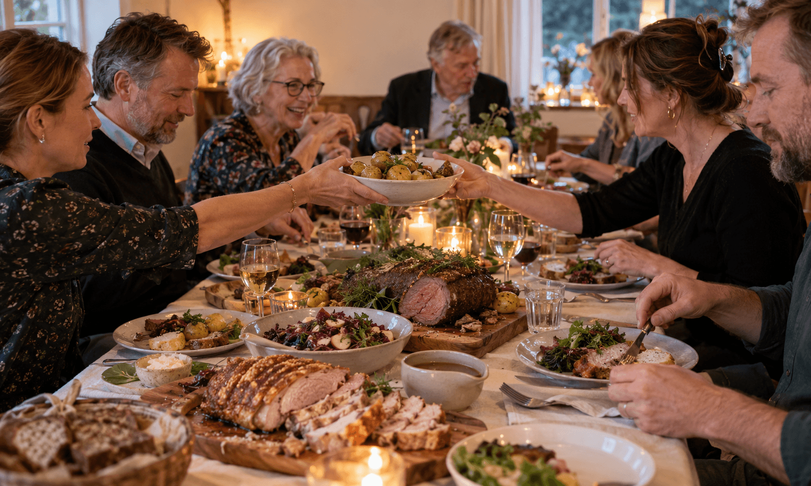 Gæster nyder dansk selskabsmad med stege, kartofler og salater til en festlig mærkedag