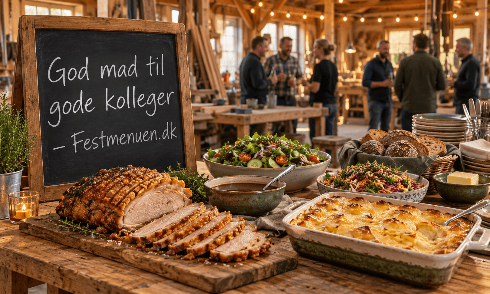 Dansk buffet til firmafest med flæskesteg, flødekartofler, salater, sovs og brød