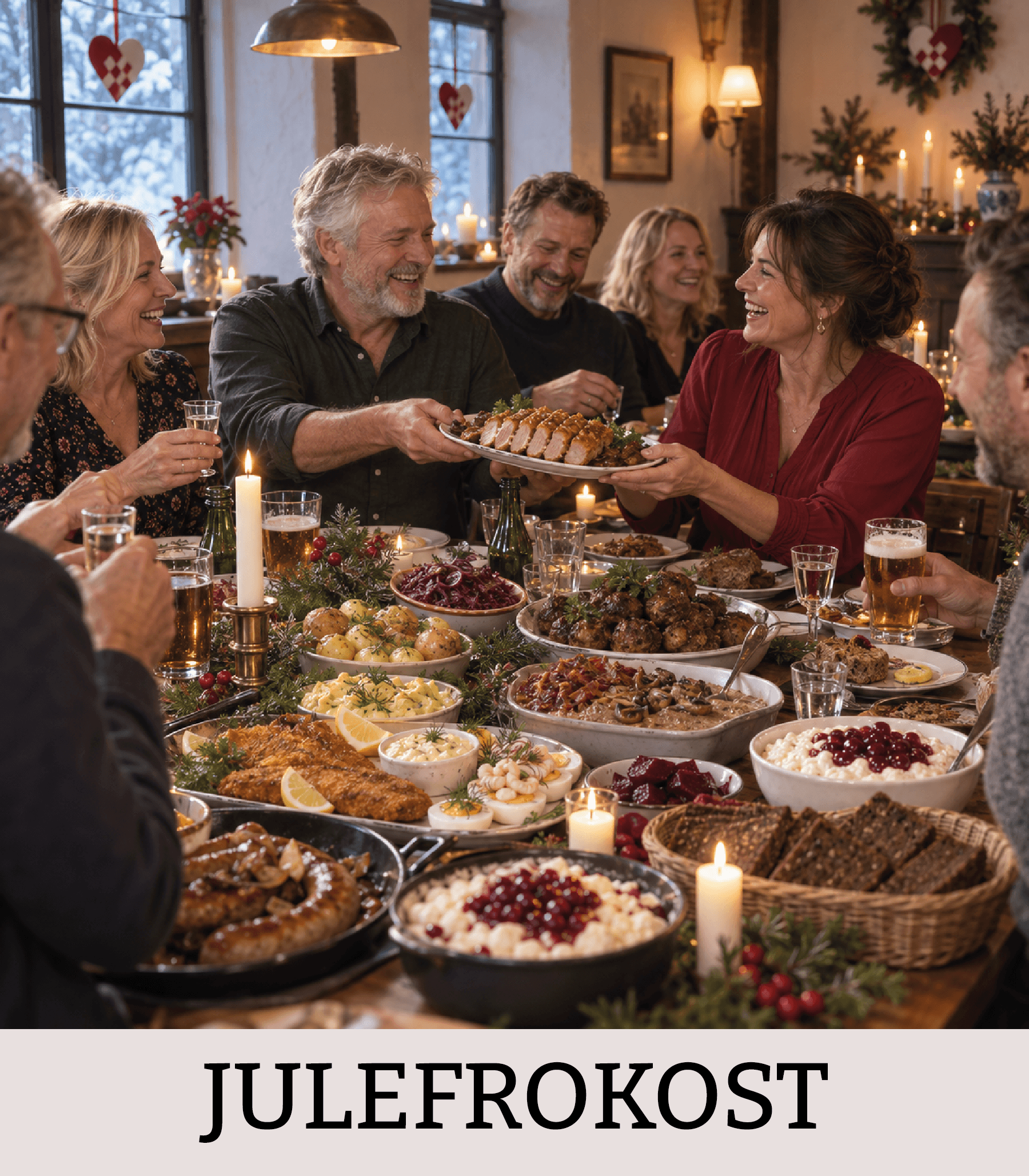 Gæster samlet om en dansk julefrokost med sild, fiskefilet, flæskesteg, medister og risalamande