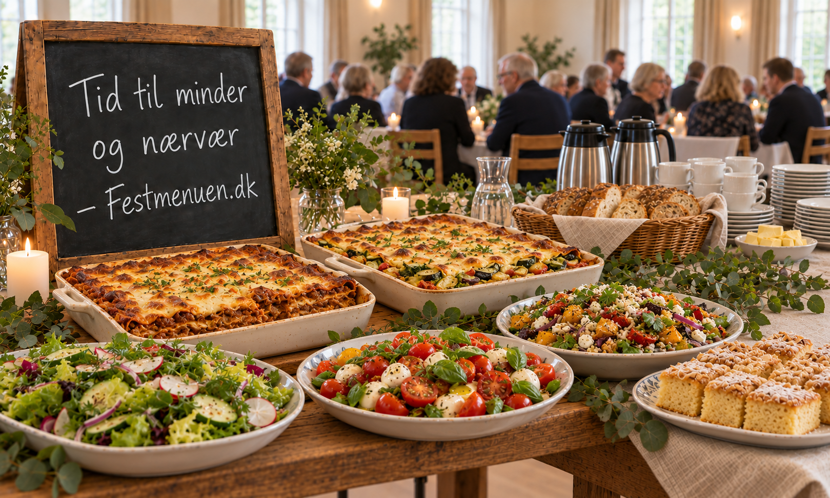 Buffet til mindesamvær med klassisk lasagne, grøntsagslasagne, friske salater, brød og kage