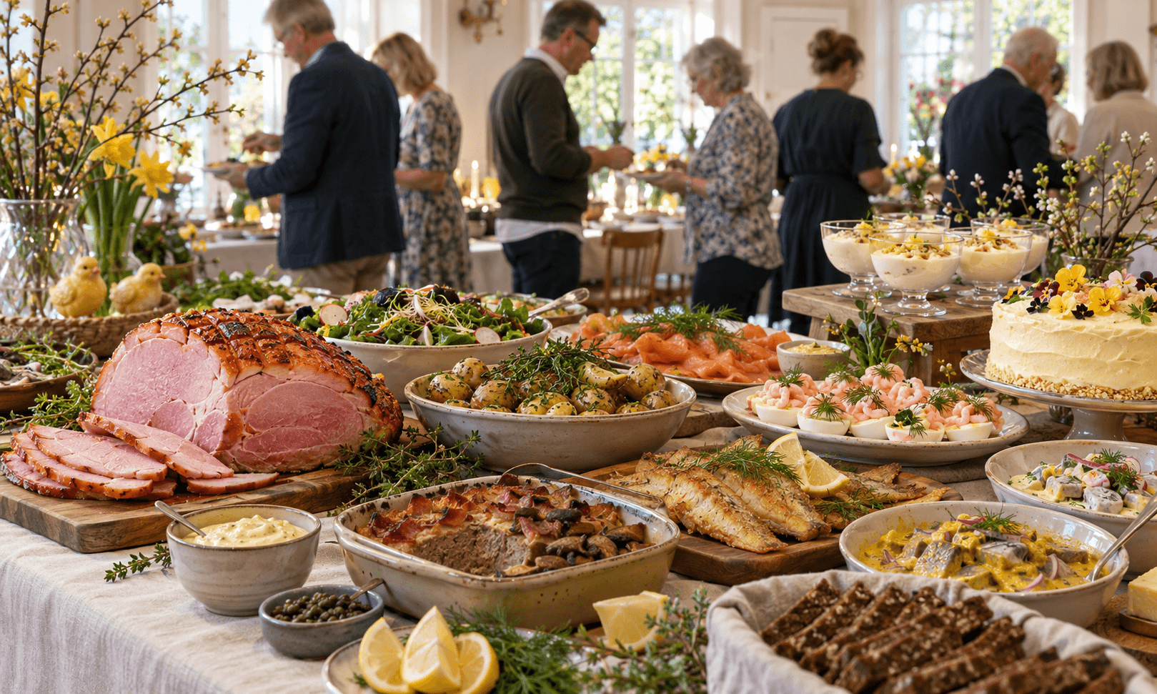 Gæster forsyner sig fra en påskebuffet med skinke, fiskefilet, laks, sild, æg og rejer