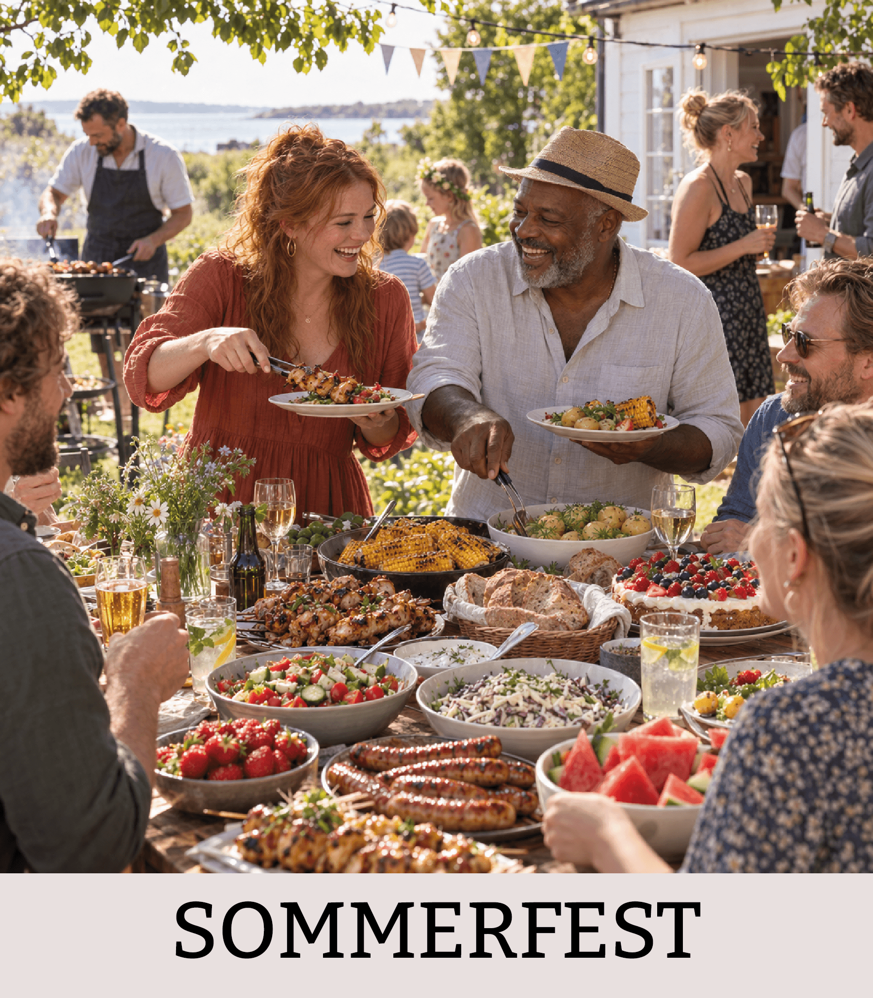 Gæster nyder en dansk sommerfest med grillspyd, pølser, nye kartofler, salater og friske bær