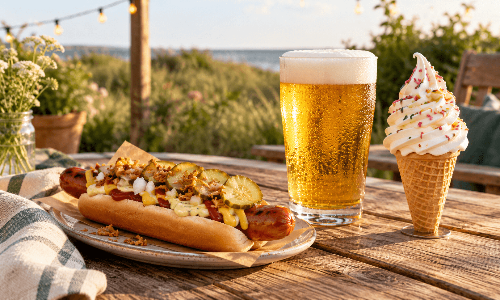 Klassisk hotdog, kold øl og softice til en hyggelig dansk sommerfest