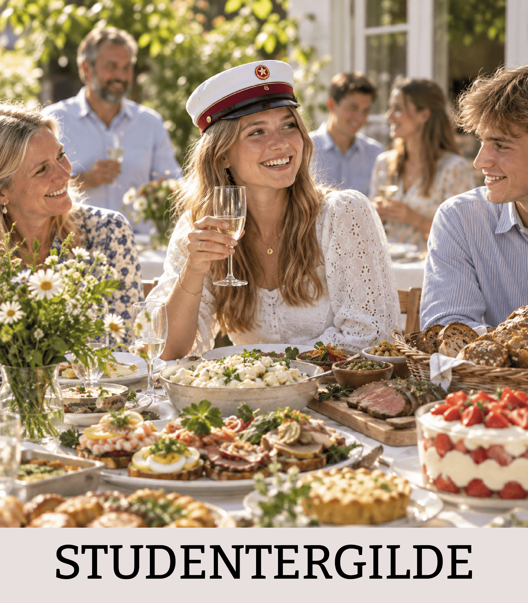 Glad student med rød studenterhue ved et dansk studentergilde med buffet og festmad