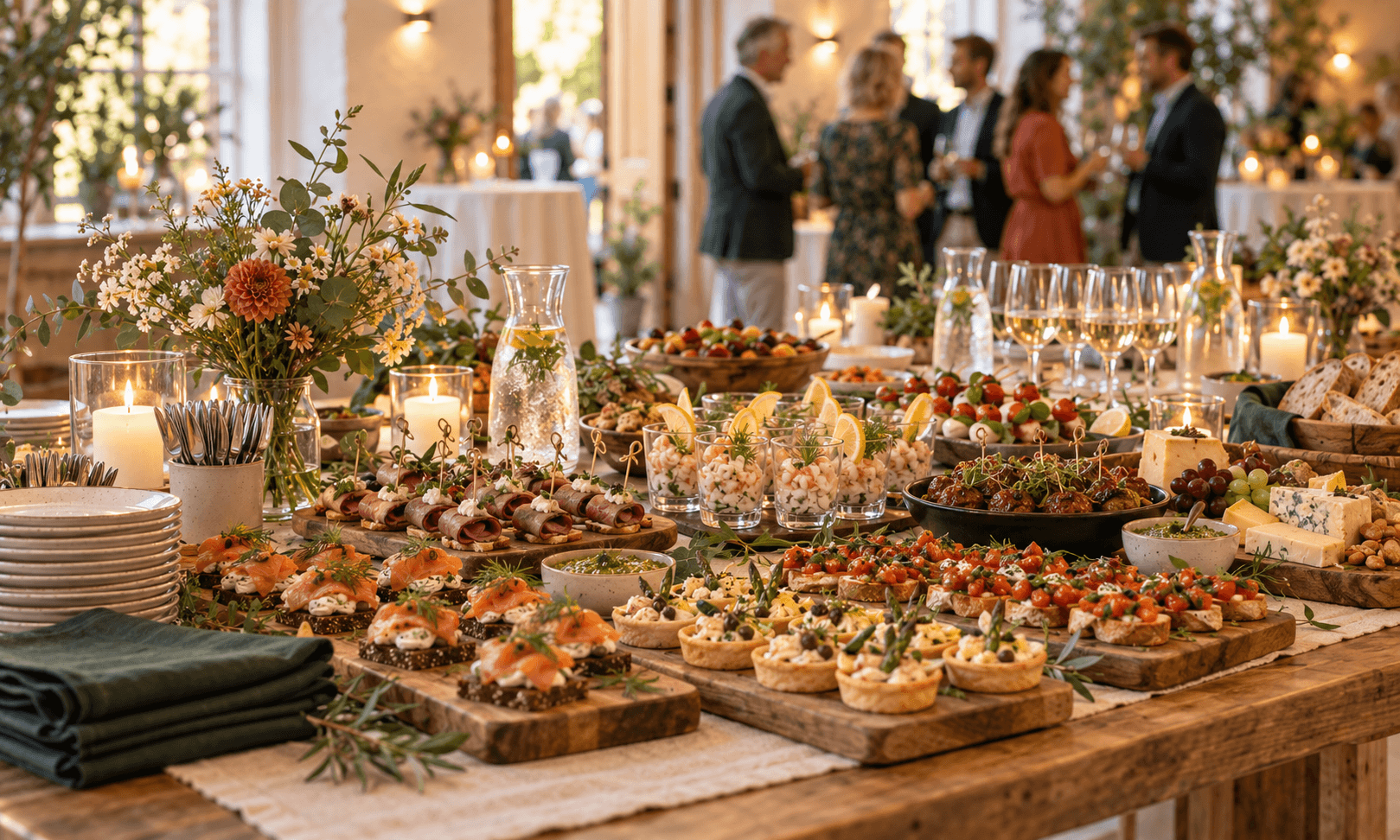 Opdækket receptionsbord med tapas, små anretninger, tallerkener, glas, blomster og levende lys