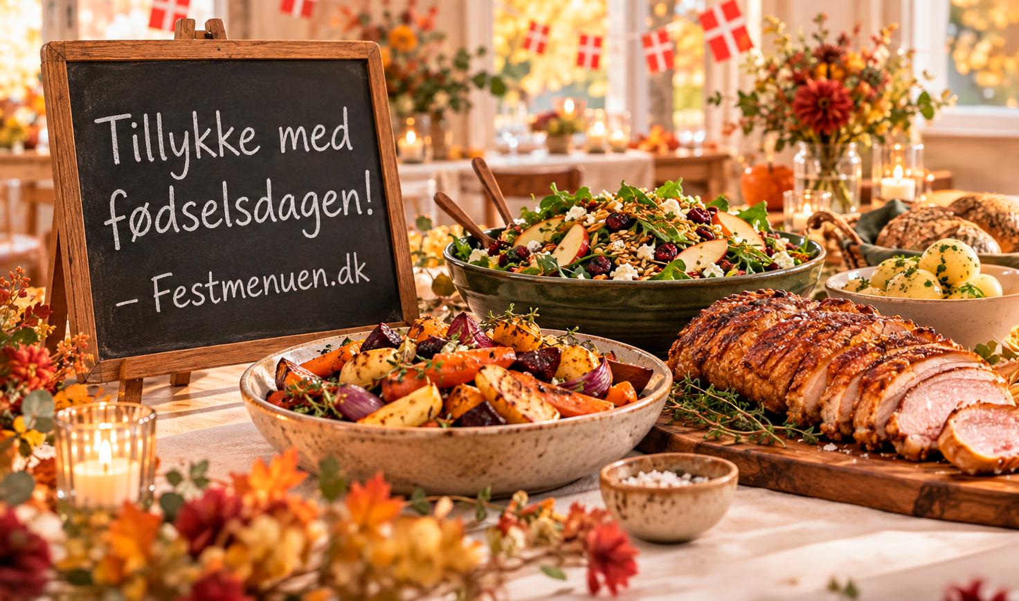 Dansk fødselsdagsbuffet med steg, flødekartofler, rodfrugter, salat, sovs og chokoladekage