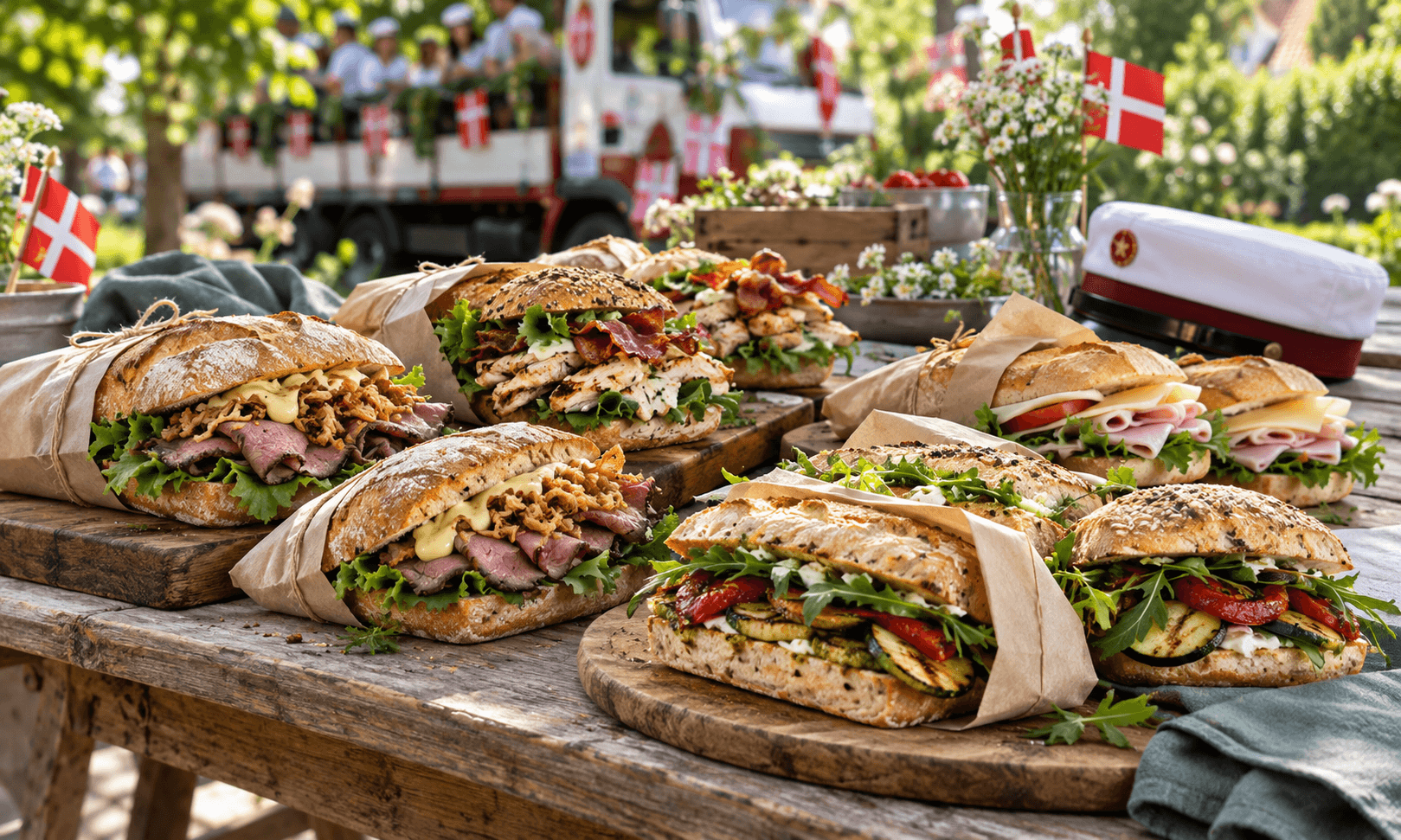 Fyldte sandwiches til studentervogn med studenterhue og danske flag